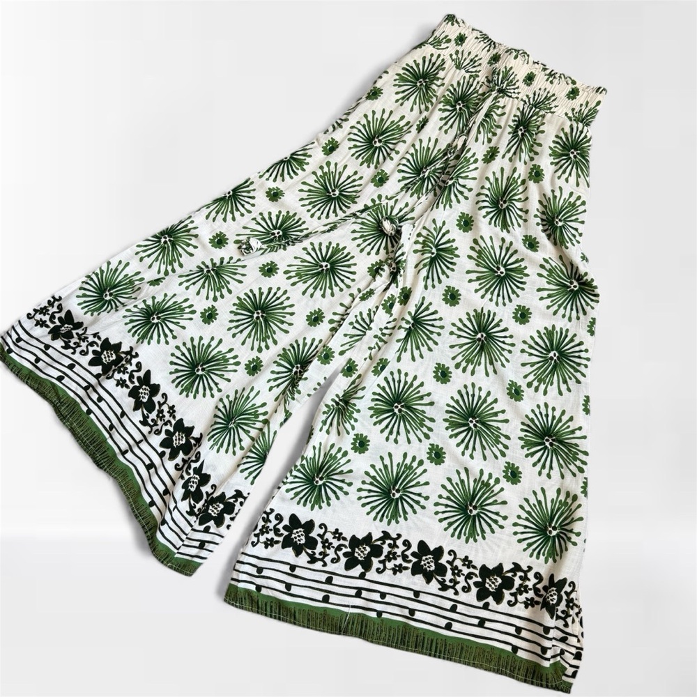 Umgee Green Floral Print Wide-Leg Pants Size M